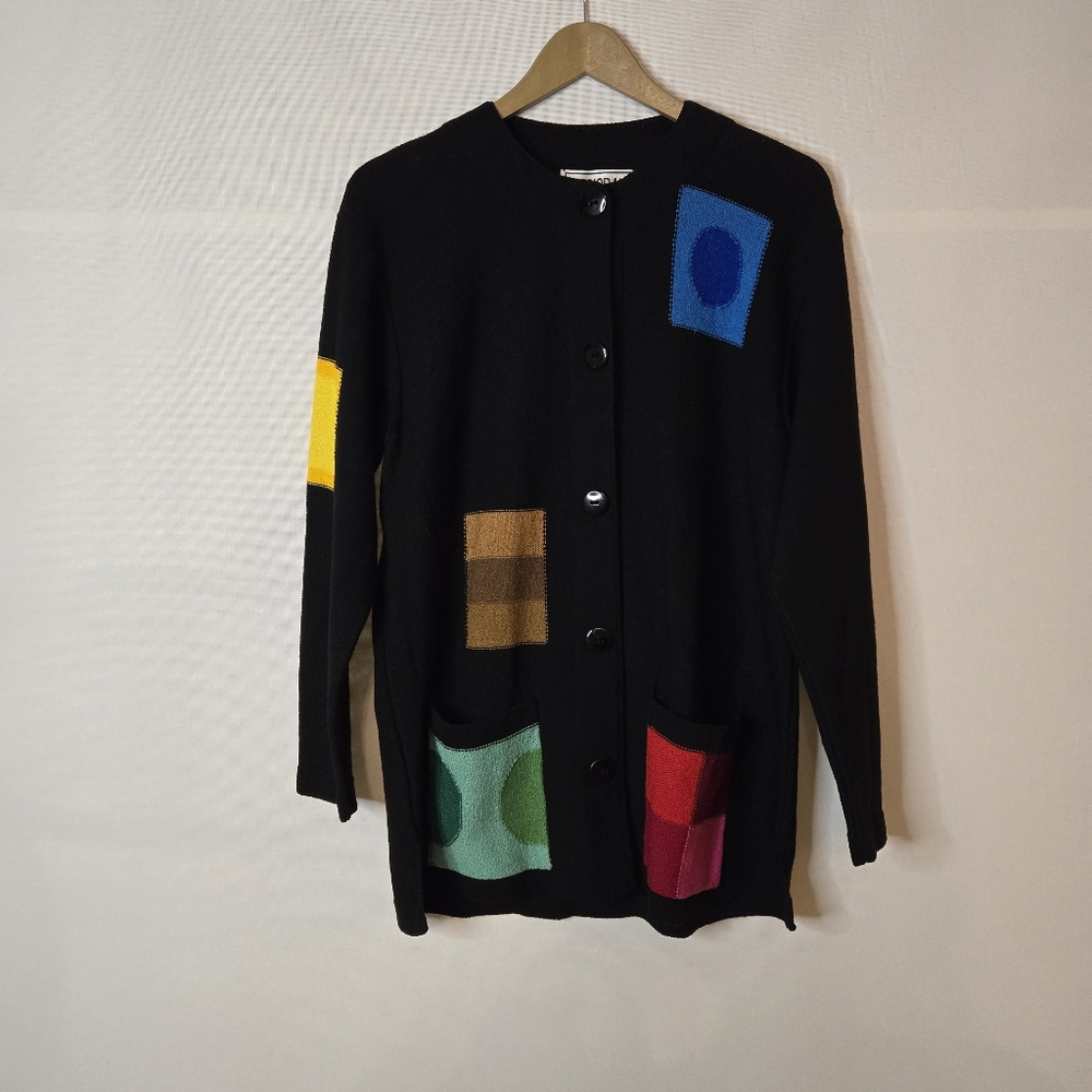 ALNORAL Women's Size M 75% Wool Art-to-Wear tunic cardigan with patchwork detail